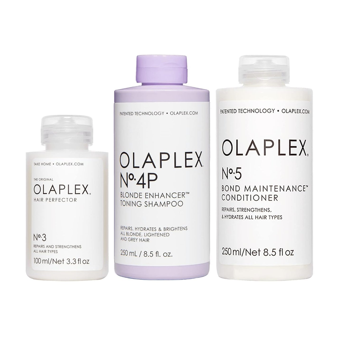 Olaplex N°4P Blond Enhancer Toning Shampoo Olaplex N°5P Blonde Enhancer and Olaplex N°3 Hair Perfector