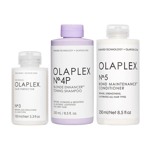 Olaplex N°4P Blond Enhancer Toning Shampoo Olaplex N°5P Blonde Enhancer and Olaplex N°3 Hair Perfector